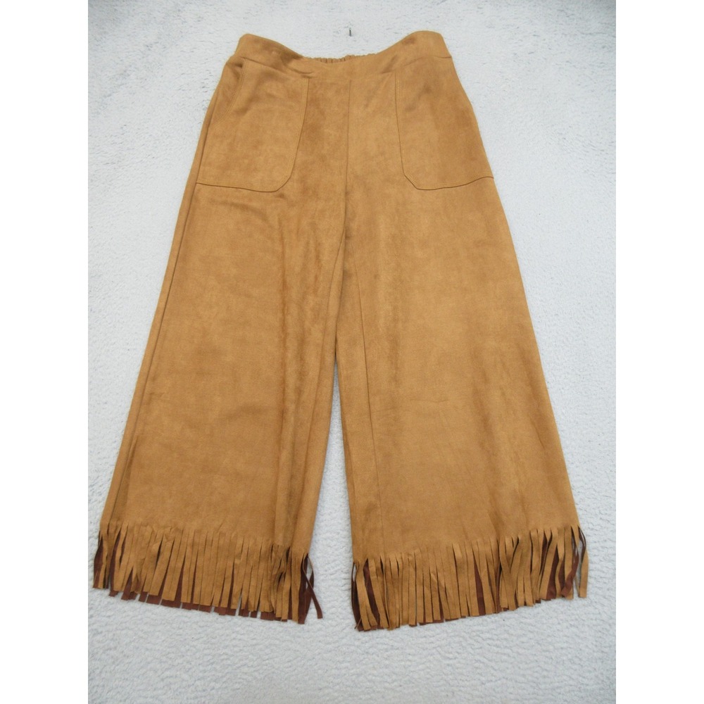 Umgee Faux Suede Fringe Pants Womens 1XL Brown Cropped Wide Leg Boho Western